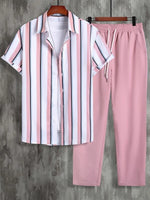 Hombres con estampado de rayas Camisa & de cintura con cordón Pantalones sin camiseta