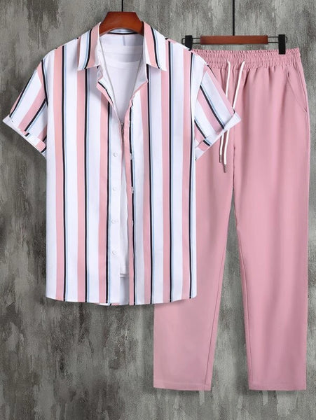 Hombres con estampado de rayas Camisa & de cintura con cordón Pantalones sin camiseta