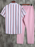 Hombres con estampado de rayas Camisa & de cintura con cordón Pantalones sin camiseta
