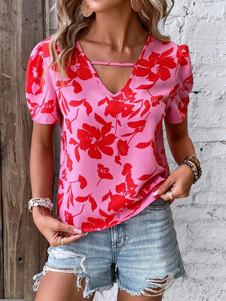 Blusa con estampado floral con abertura delantera de manga farol