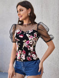 EMERY ROSE Top con estampado floral de malla en contraste