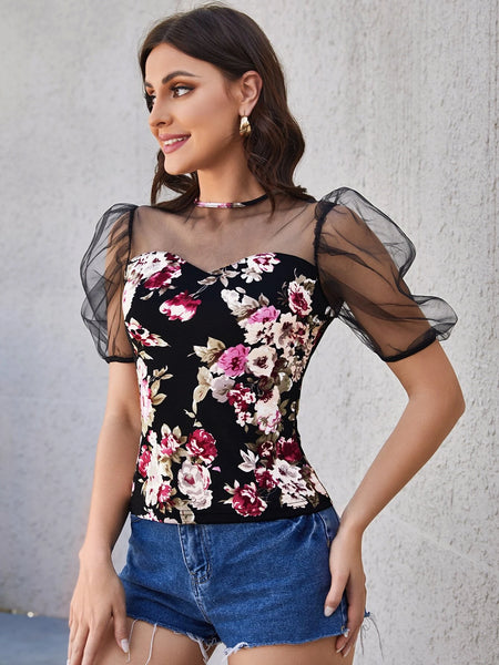 EMERY ROSE Top con estampado floral de malla en contraste