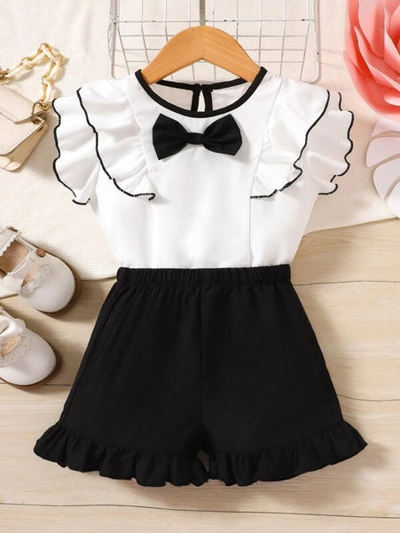 Niñas Shorts con blusa con lazo delantero ribete con fruncido