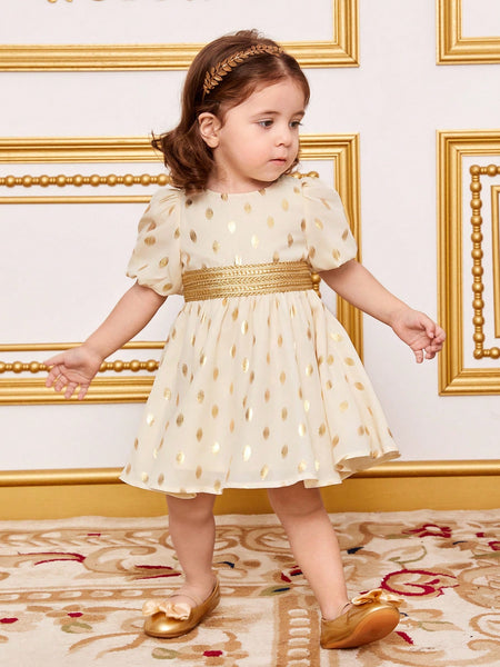 Vestido De Manga Corta Con Lunares Dorados