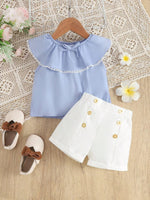 Blusa De Encaje Con Ribetes De Volante Para Niña Bebé Y Shorts Con Detalles De Botones