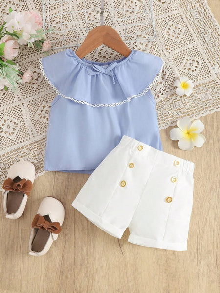 Blusa De Encaje Con Ribetes De Volante Para Niña Bebé Y Shorts Con Detalles De Botones