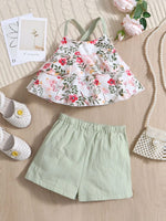Camiseta Y Pantalones Cortos Para Niña Con Diseño Floral, Espalda Cruzada Y Dobladillo En Capas