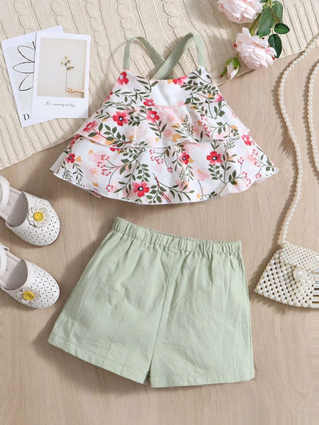 Camiseta Y Pantalones Cortos Para Niña Con Diseño Floral, Espalda Cruzada Y Dobladillo En Capas