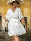 SHEIN VCAY Vestido con encaje de manga con volante bajo con fruncido