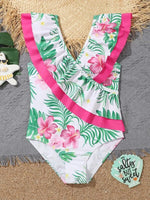 Traje de Baño  Chicas con estampado tropical ribete con fruncido.