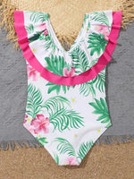Traje de Baño  Chicas con estampado tropical ribete con fruncido.