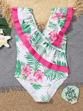 Traje de Baño  Chicas con estampado tropical ribete con fruncido.