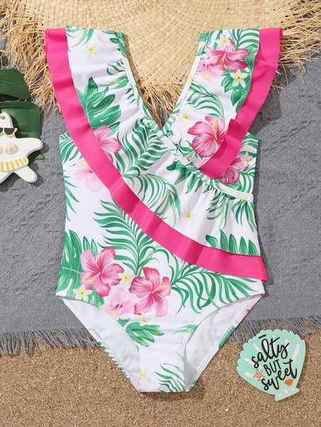 Traje de Baño  Chicas con estampado tropical ribete con fruncido.