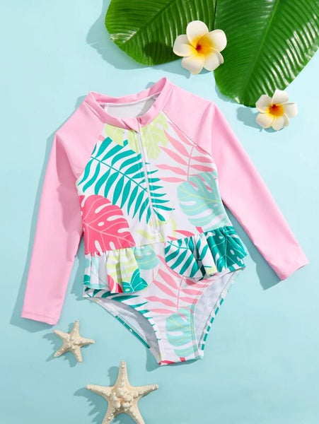 Traje de Baño  una pieza con estampado tropical con cremallera delantera  .