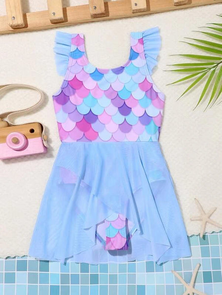 Traje de Baño  una pieza con estampado de escamas de malla en contraste bajo  .