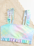 Traje de Baño 3 pieza con estampado de escamas ribete fruncido con falda de playa.
