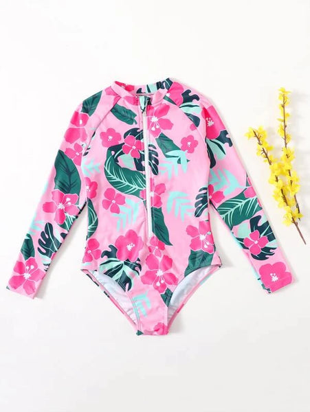Traje de Baño  una pieza con estampado  tropical y floral con cremallera.