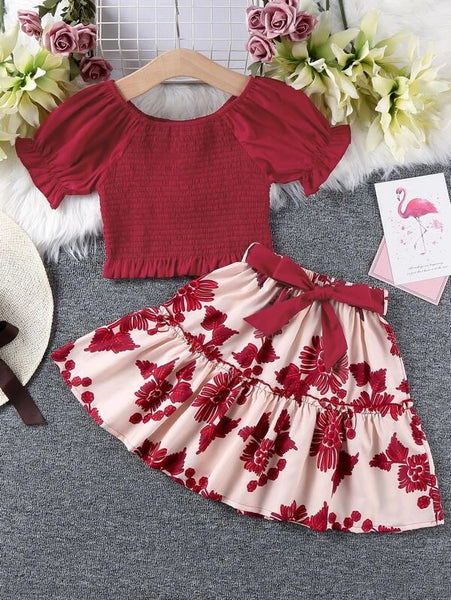 Set de niña Blusa fruncida con Falda estampado floral bajo con cinturón